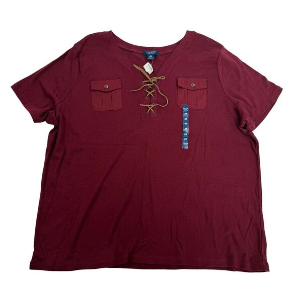 NWT Chaps Maroon Lace Up Neck Blouse T-Shirt Leather Pocket V-Neck Plus Sz 3X - Picture 1 of 10